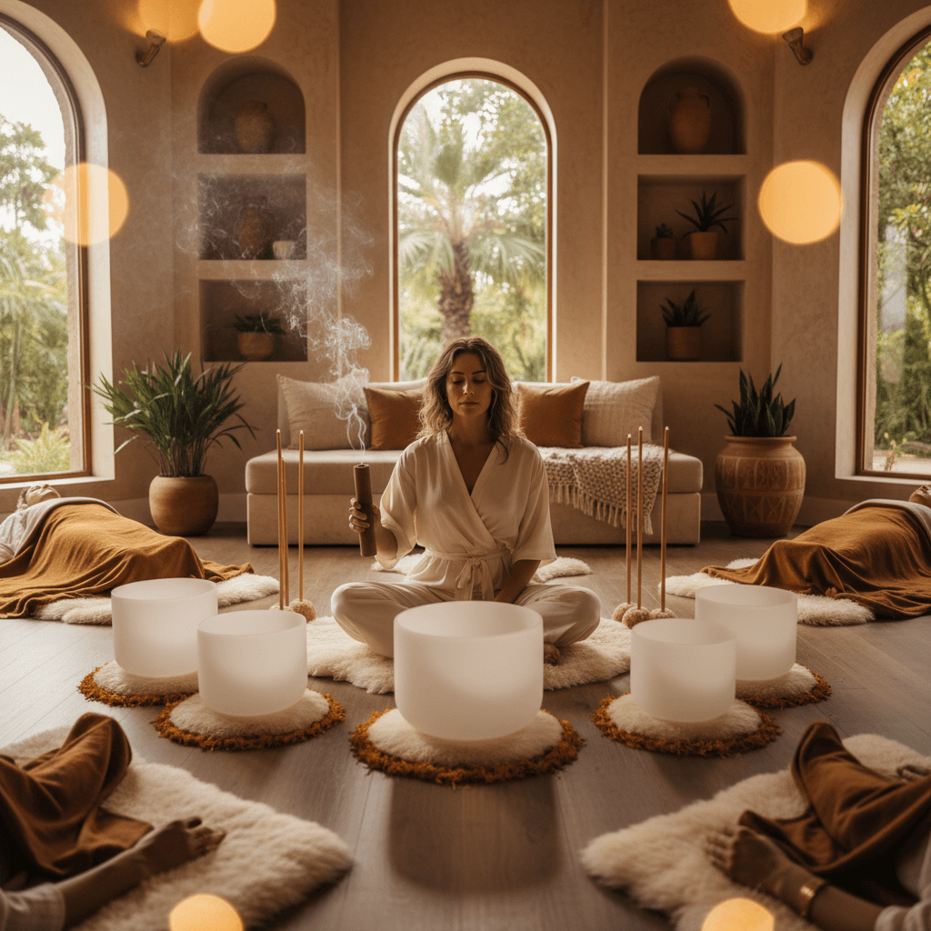 Two crystal singing bowls resonating with soft light, symbolizing beat frequencies and brainwave entrainment, at Soul Art Dubai, led by Larissa Steinbach.