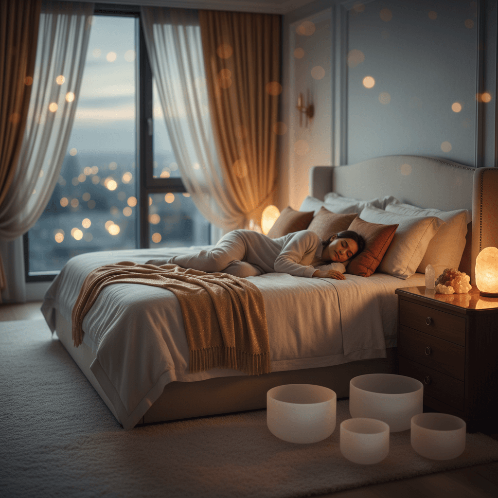 Ein ruhiges, luxuriöses Schlafzimmer in Blautönen und Holz, das Ruhe ausstrahlt. Im Hintergrund verschwommenes Licht, das die entspannende Atmosphäre betont. Soul Art Dubai und Larissa Steinbach.