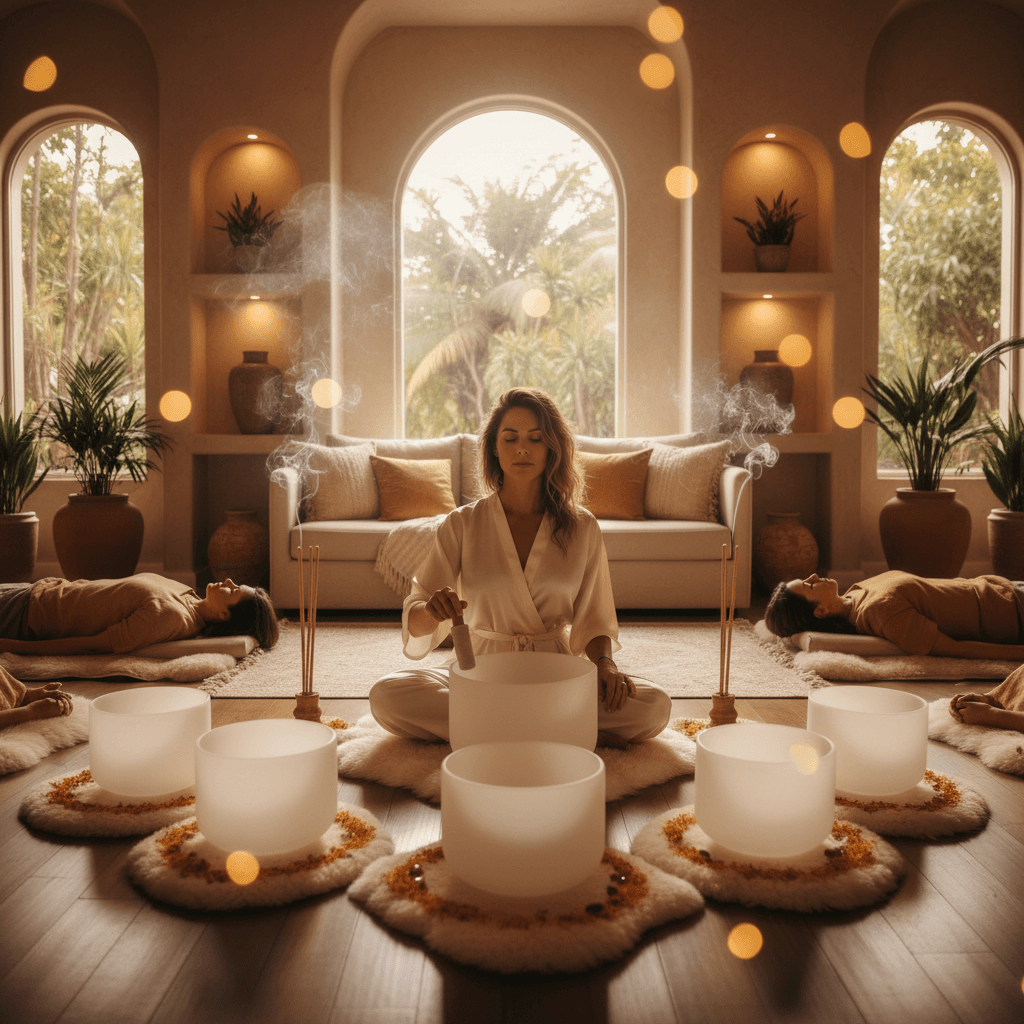 Eine Person führt ein entspannendes Summen-Ritual vor dem Schlafengehen mit einer schimmernden Klangschale durch. Soul Art Dubai mit Larissa Steinbach fördert tiefen Schlaf und innere Ruhe durch Klang-Wellness.