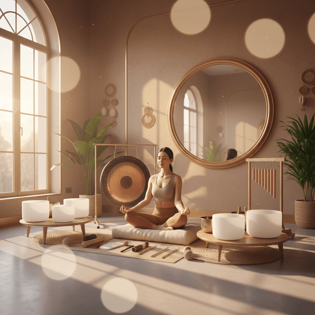 Eine Person meditiert friedlich mit Kopfhörern, umgeben von sanftem Licht, das die digitale Klang-Wellness von Soul Art und Larissa Steinbach symbolisiert.