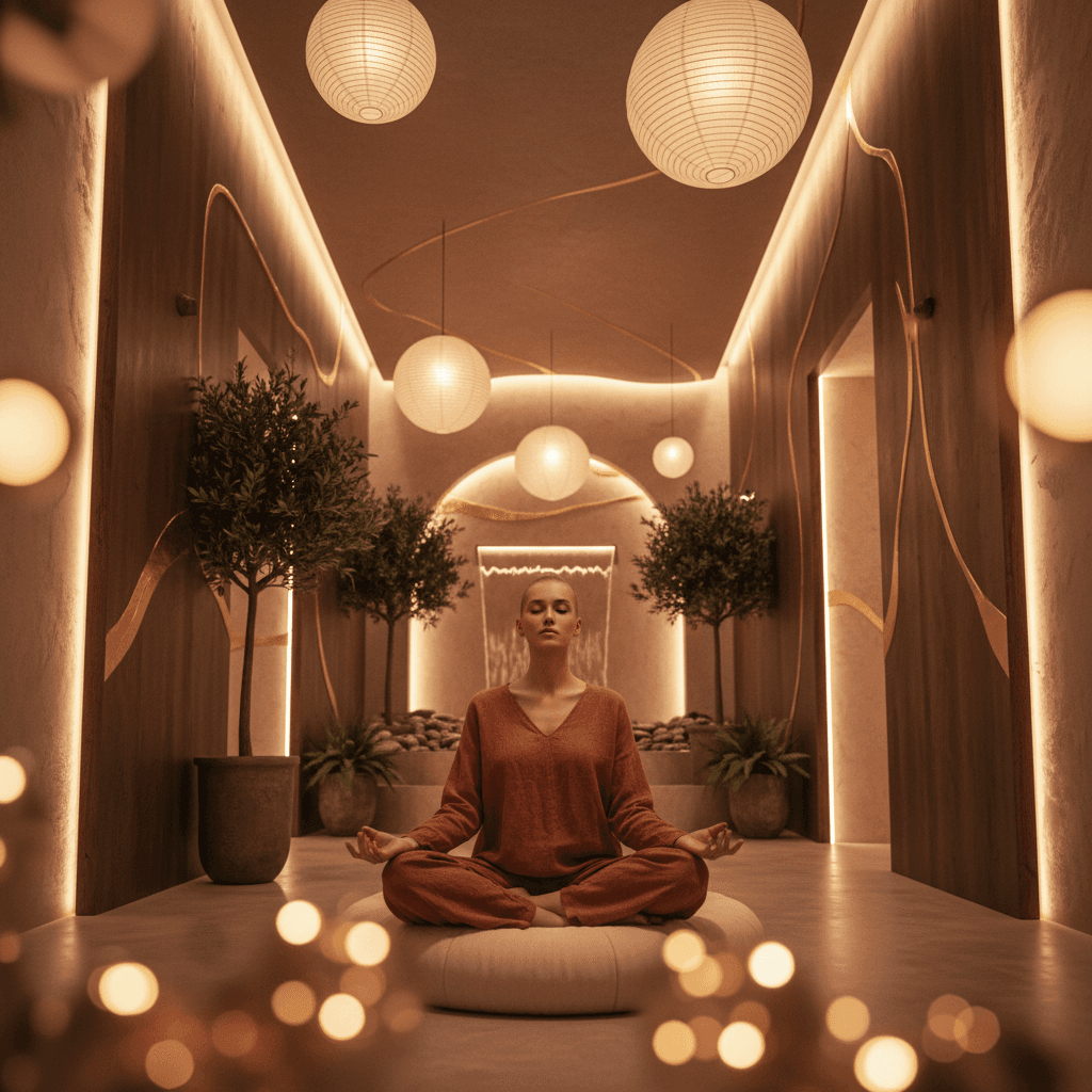 Eine Person trägt Kopfhörer und meditiert, umgeben von sanften Lichteffekten, symbolisierend die Wirkung von Binauralen Beats. Ein Logo von Soul Art und Larissa Steinbach ist dezent im Hintergrund sichtbar.