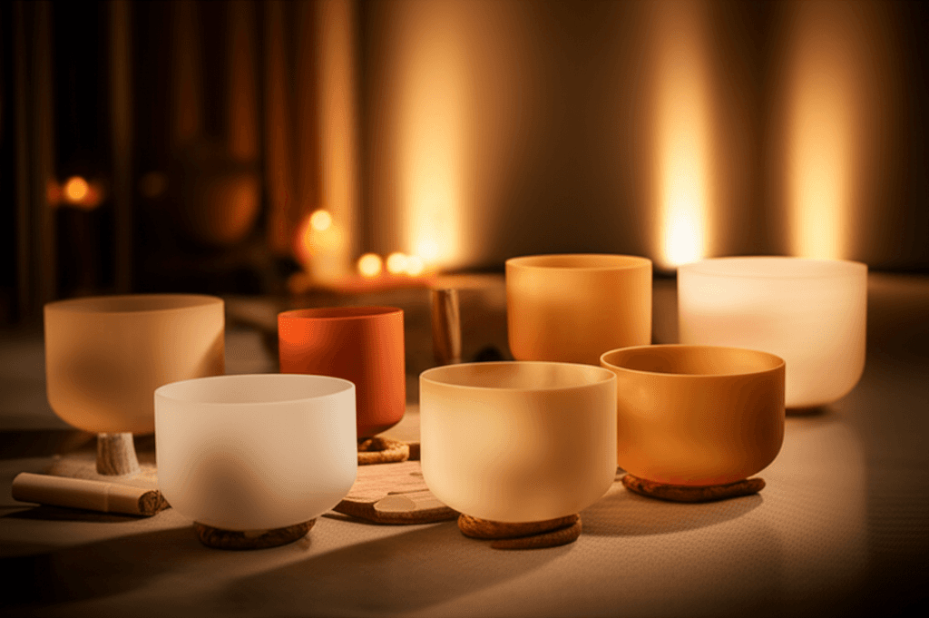 Larissa Steinbach von Soul Art Dubai in einer Klang-Wellness-Sitzung, umgeben von sanften Lichtern und Klanginstrumenten, welche die Vorteile binauraler Beats demonstriert.