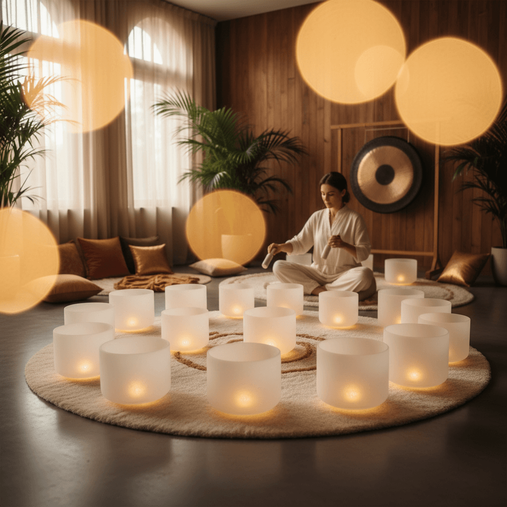Nahaufnahme einer wunderschön schimmernden Klangschale, die sanft mit einem Klöppel angeschlagen wird, um binaurale Klänge zu erzeugen. Die Szene vermittelt tiefe Entspannung und Fokus auf Wellness-Praktiken bei Soul Art Dubai mit Larissa Steinbach.