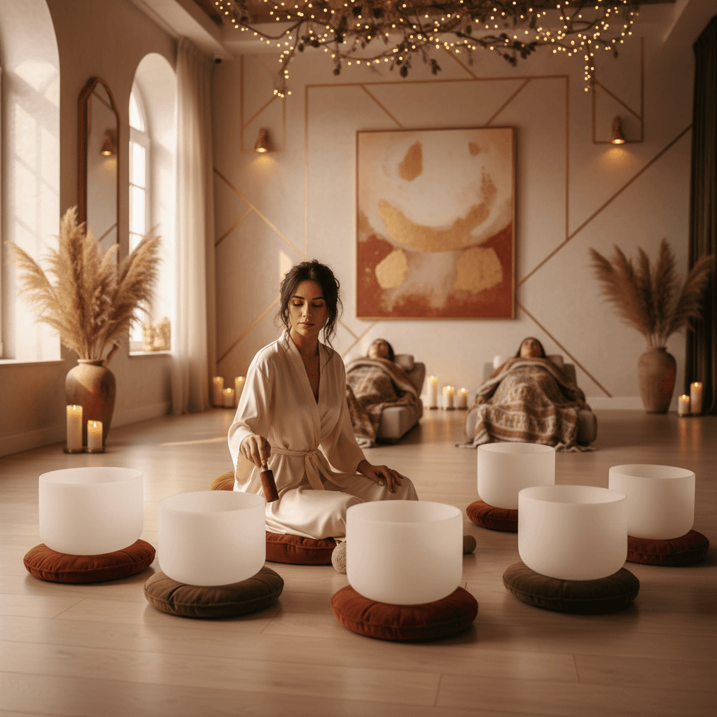 A person meditating with sound bowls, illustrating accessible biohacking tools for wellness, a core offering at Soul Art by Larissa Steinbach.