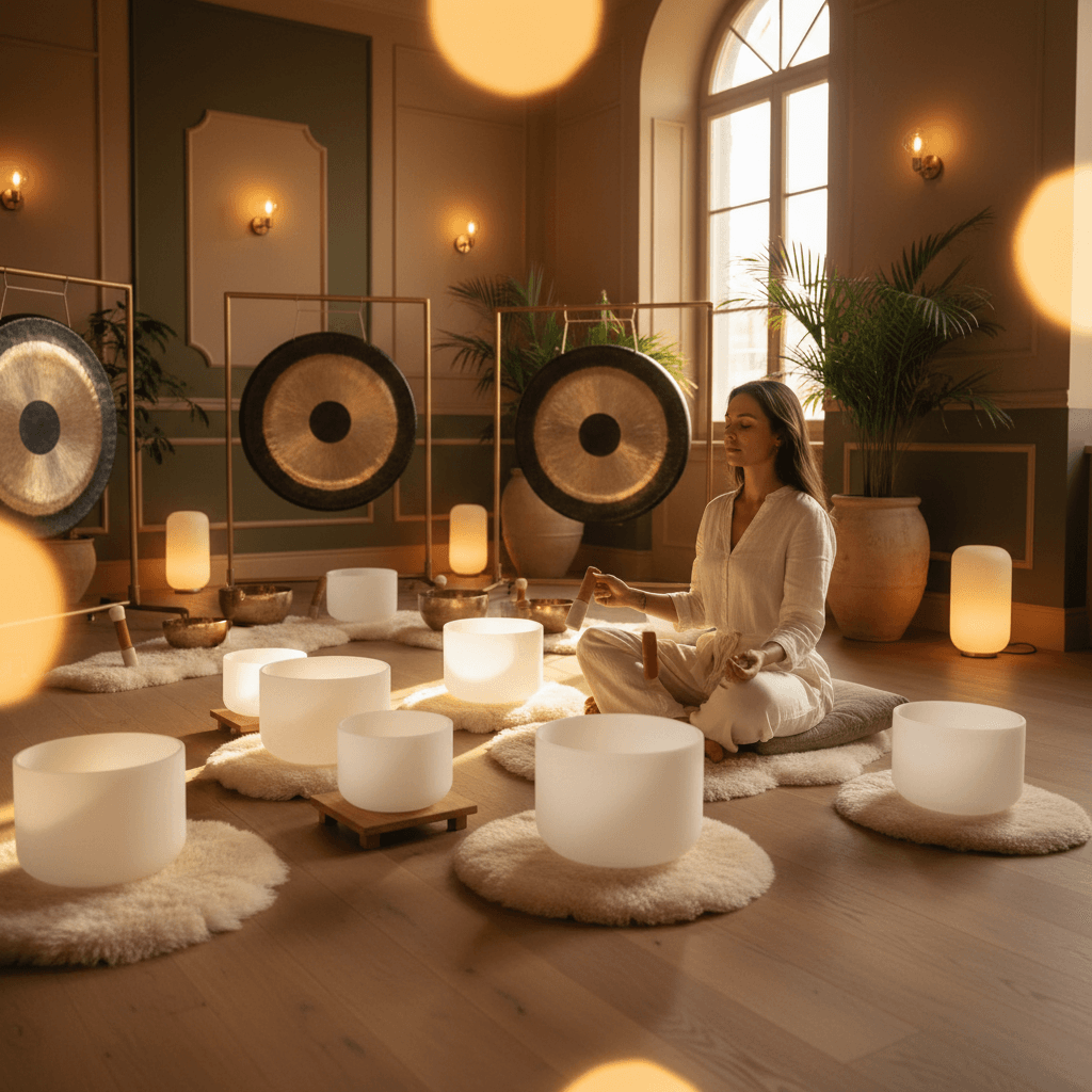 A tranquil, modern interior space with soft lighting, natural wood elements, and subtle sound waves depicted in the air, embodying biophilic design and acoustic wellness. Soul Art, founded by Larissa Steinbach, pioneers this integration.
