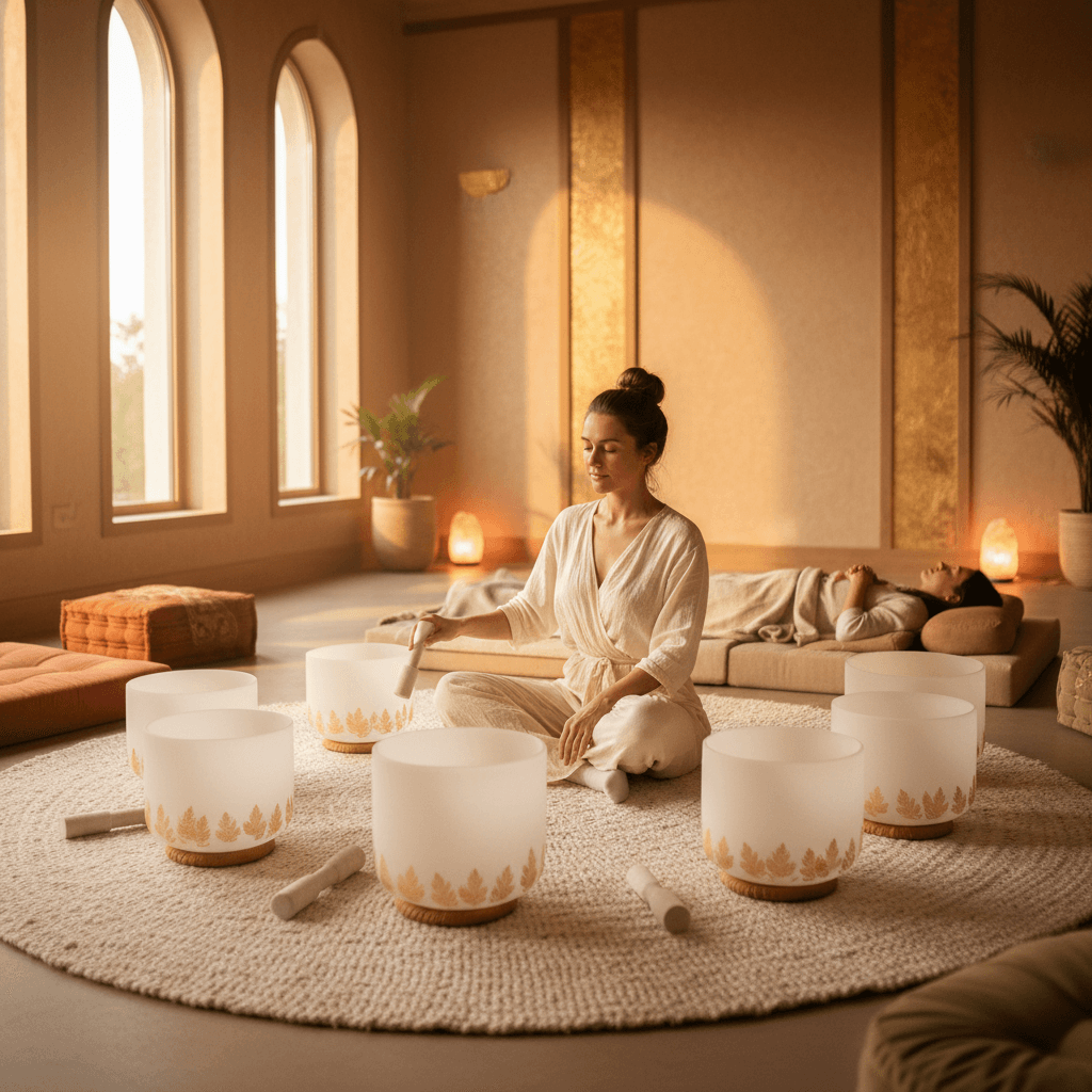 Larissa Steinbach von Soul Art Dubai in einer tiefen Klang-Wellness-Session, um Stimmungsstabilität bei bipolarer Störung zu unterstützen. Eine Frau liegt entspannt, umgeben von Klangschalen und sanftem Licht, während Larissa Steinbach eine Klangschale spielt.
