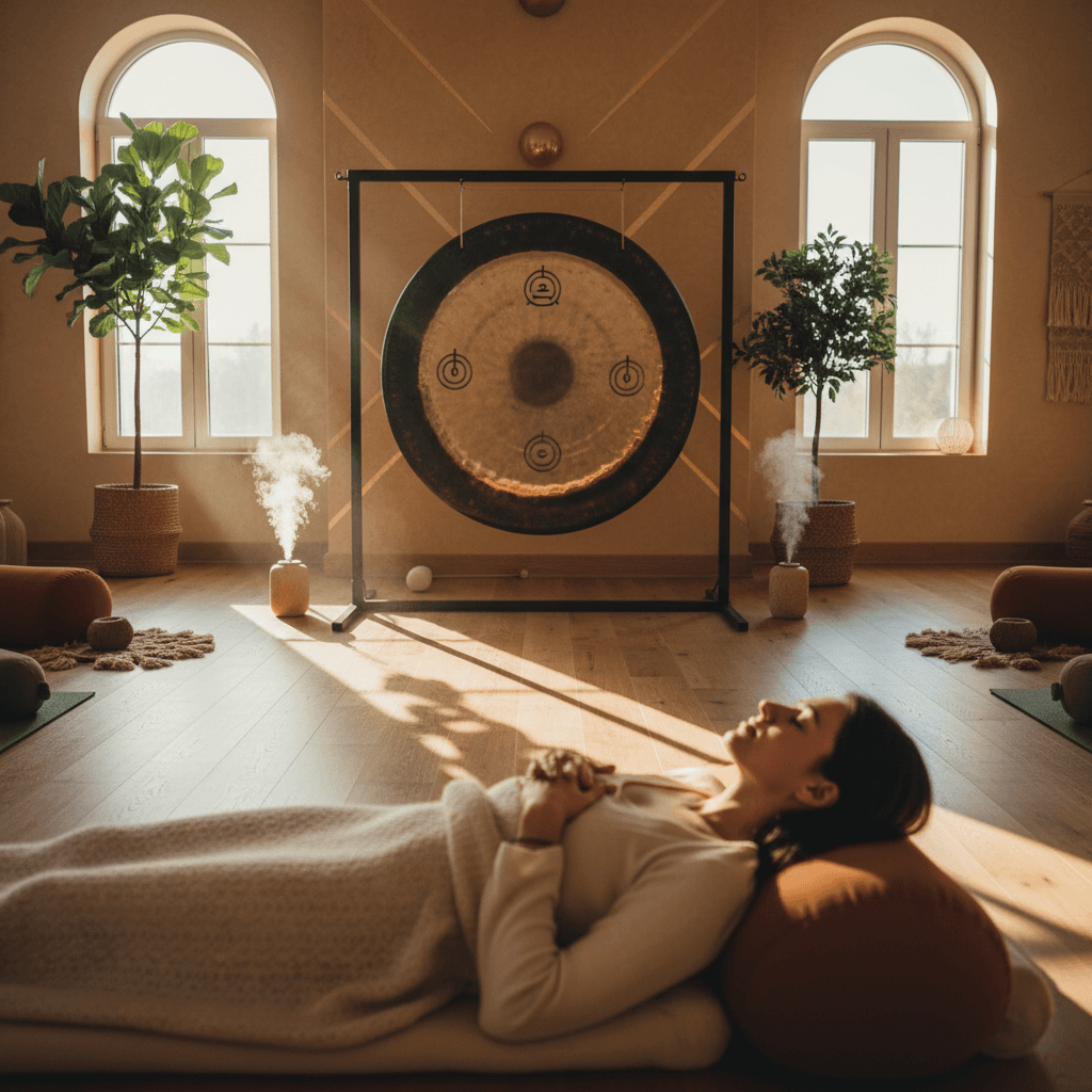 A serene individual in a white robe meditating during a Birthday Sound Bath Ceremony, surrounded by ethereal light, crystal singing bowls, and the tranquil ambiance of Soul Art Dubai, led by Larissa Steinbach.