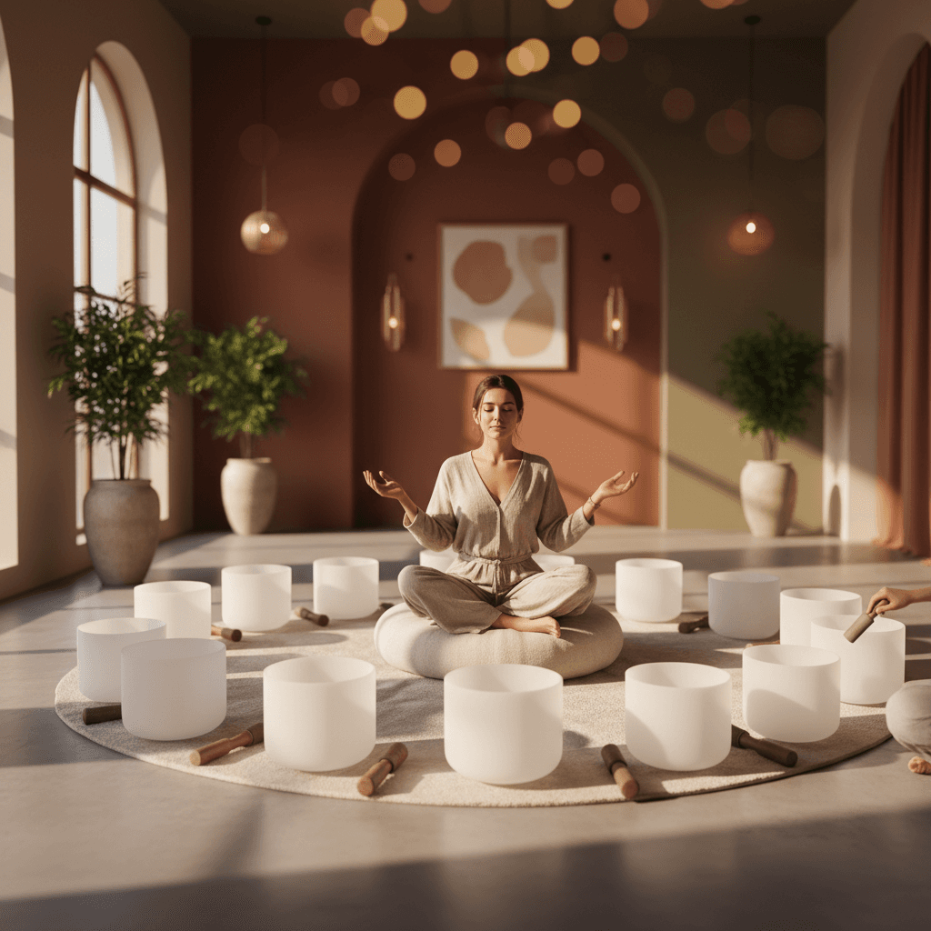 Eine feierliche Szene mit sanft leuchtenden Kerzen und subtilen Klangwellen, die Ruhe ausstrahlen. Entwickelt von Larissa Steinbach, bietet Soul Art Dubai innovative Klang-Wellness für achtsame Geburtstagsfeiern und tiefes Wohlbefinden.