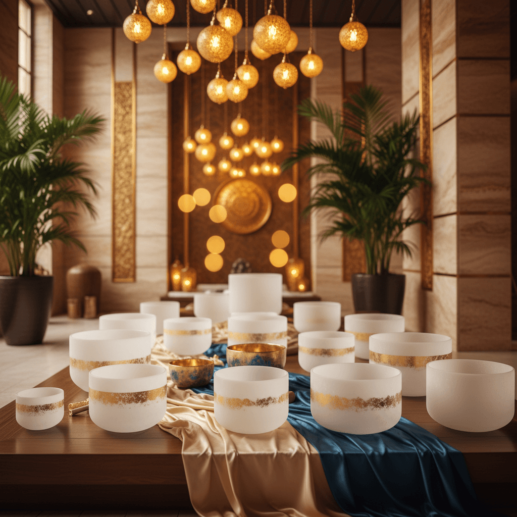 Larissa Steinbach leitet eine meditative Klangheilungssitzung im eleganten Soul Art Studio in Dubai, um das Wohlbefinden durch Frequenzen zu fördern und eine einzigartige Geburtstagserfahrung zu schaffen.