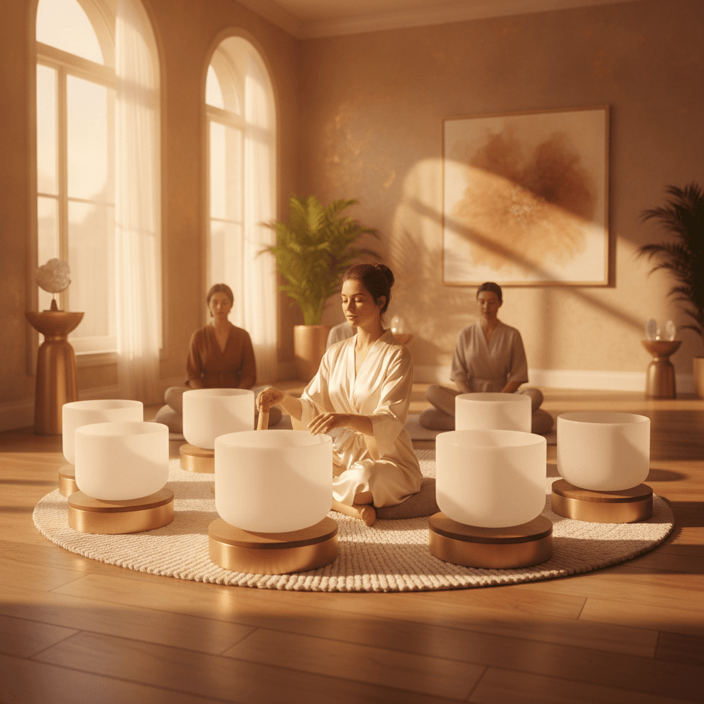 Eine Person entspannt sich in einem meditativen Raum, während Kristallklangschalen und Gong für ein Geburtstags-Klangritual verwendet werden. Soul Art und Larissa Steinbach fördern durch diese tiefgreifende Erfahrung innere Reflexion und Wohlbefinden.