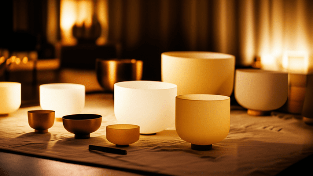 Eine Person entspannt sich inmitten von Klangschalen und Gongs in einem ruhigen Raum, was die entspannende Wirkung von Klang-Wellness bei Soul Art von Larissa Steinbach auf die Blutdruckregulation verdeutlicht.