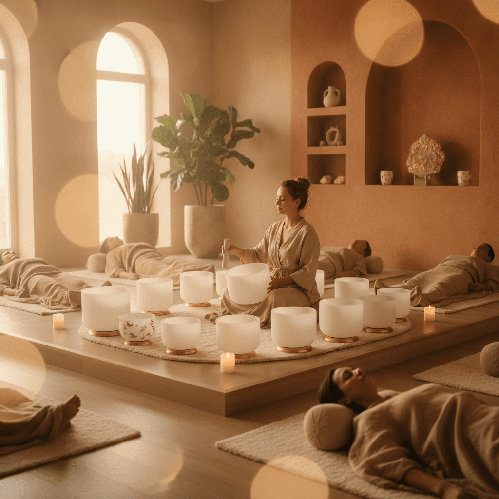 A tranquil scene depicting sound bowls in a serene coastal setting at Bluewaters Island, symbolizing deep relaxation and travel recovery through Soul Art's unique sound wellness experiences led by Larissa Steinbach.