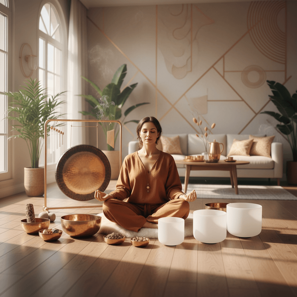 A person meditating in a serene, modern sound wellness studio, surrounded by gentle light and sound instruments, embodying the Soul Art experience with Larissa Steinbach.