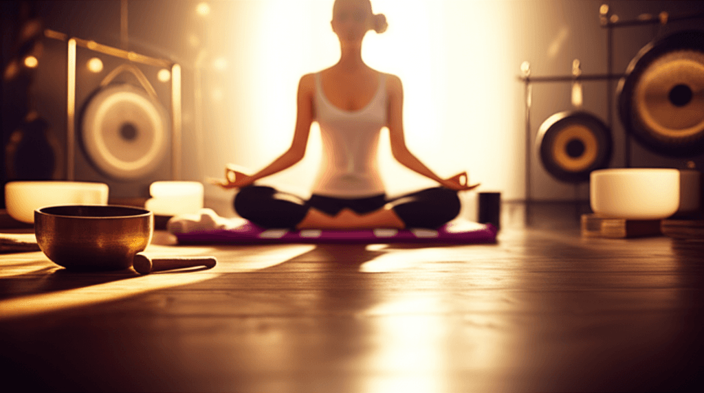 Larissa Steinbach von Soul Art leitet eine tiefenentspannende Body Scan Meditation mit Klangschalen und Gongs in einem modernen, ruhigen Studio. Das Bild zeigt eine Person, die friedlich auf einer Matte liegt, umgeben von sanften Licht- und Klangelementen, symbolisierend ganzheitliches Wohlbefind...