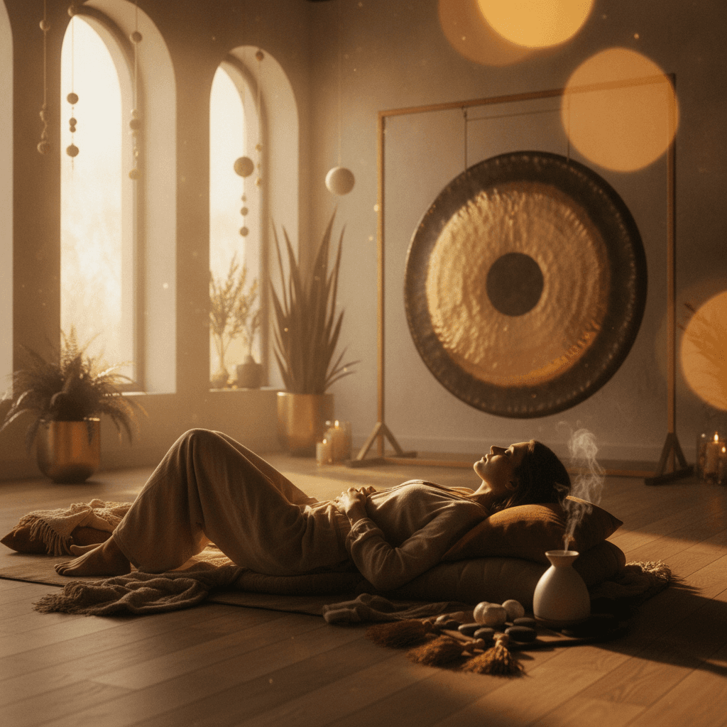 Eine Frau entspannt sich in einem luxuriösen Klangbad-Setting in Dubai, umgeben von Klangschalen und sanftem Licht, mit dem Branding von Soul Art und Larissa Steinbach, das Ruhe und Premium-Wellness symbolisiert.