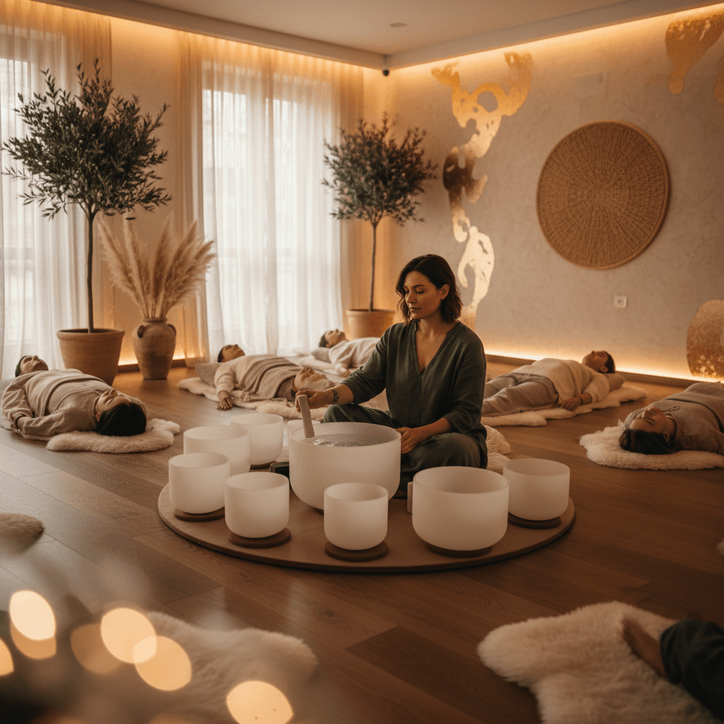 Eine Person entspannt auf einer Klangliege, umgeben von Klangschalen, während Larissa Steinbach von Soul Art in Dubai eine beruhigende Klangsitzung leitet, um emotionale Intensität zu harmonisieren.