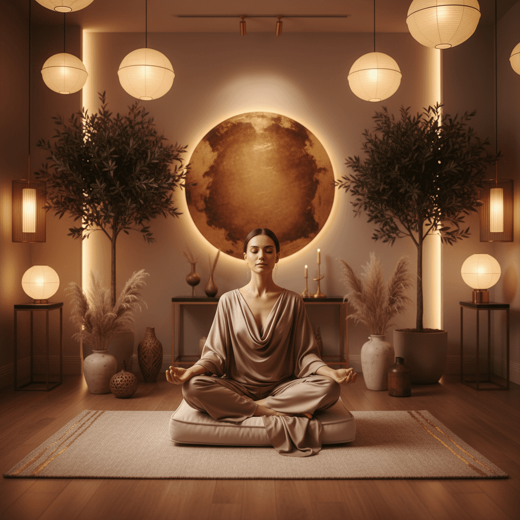 Eine Person entspannt sich während einer Klang-Wellness-Sitzung mit Klangschalen im Soul Art Studio in Dubai, geleitet von Gründerin Larissa Steinbach, zur Förderung der Gehirnheilung und Suchterholung.