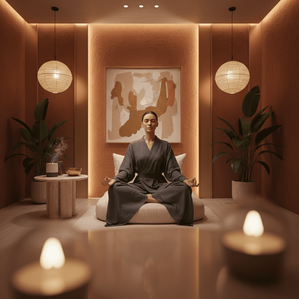 Eine friedliche Szene mit Klangschalen und sanftem Licht, die die Verbindung zwischen Klang-Wellness und kognitiver Resilienz symbolisiert. Larissa Steinbach und Soul Art Dubai bieten transformative Erlebnisse für ein gesundes und widerstandsfähiges Gehirn.