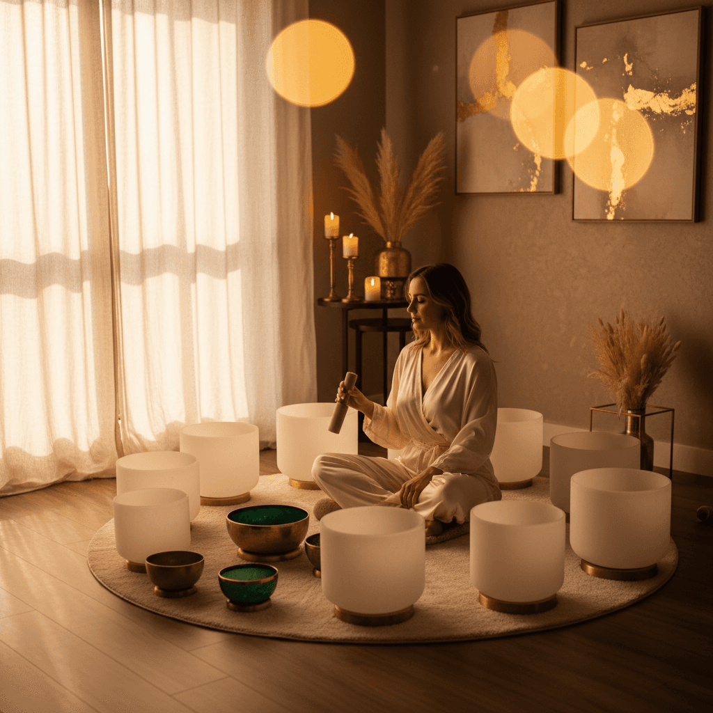 Larissa Steinbach leitet eine meditative Klangreise bei Soul Art Dubai, die Atemanhalten und Gammafrequenzen zur Förderung von Klarheit und Wohlbefinden nutzt.