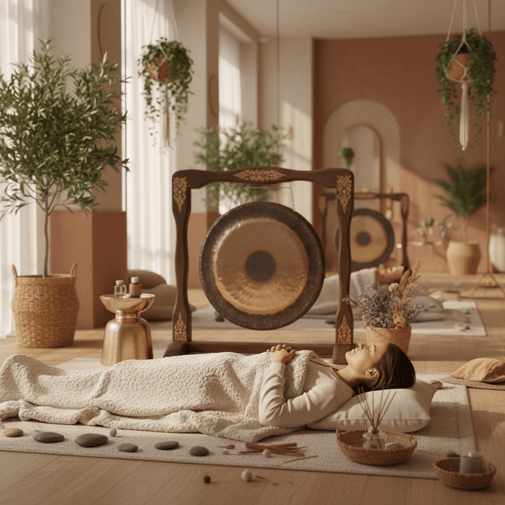 A serene bride meditating during a sound bath session at Soul Art Dubai, guided by Larissa Steinbach, experiencing profound pre-wedding wellness.