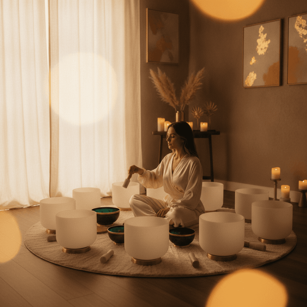 A serene studio setting at Soul Art Dubai, with glowing low bowls and ambient lighting, promoting deep grounding and relaxation through sound wellness sessions led by Larissa Steinbach.