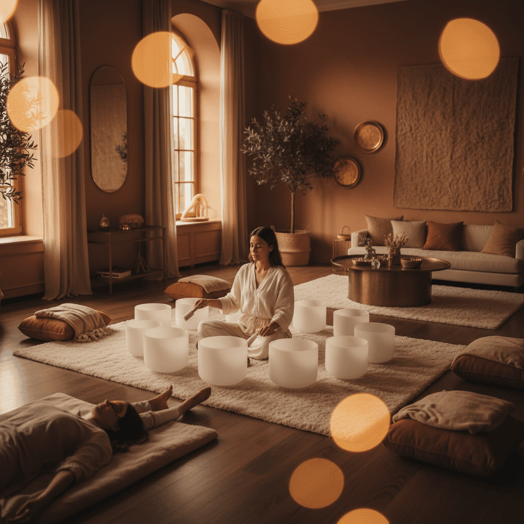 Eine Klangschale im Zentrum von sanftem Licht, umgeben von einem beruhigenden Ambiente, repräsentiert Soul Art Dubai und die Vision von Larissa Steinbach für Klangoptimierung und ganzheitliches Wohlbefinden.