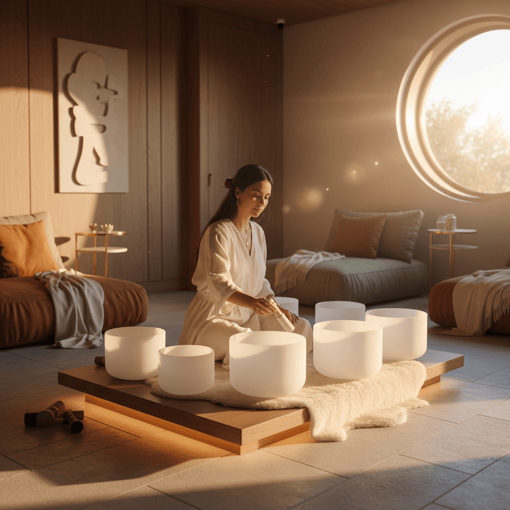 A diverse collection of crystal singing bowls arranged harmoniously, reflecting light in a serene studio setting, embodying Soul Art's unique approach to sound wellness led by Larissa Steinbach.