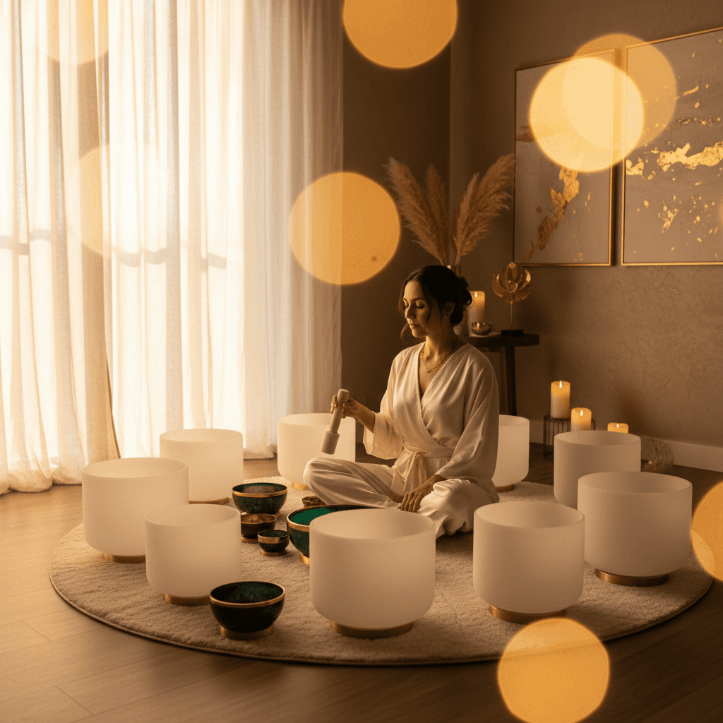 A curated collection of crystal singing bowls, gongs, and tuning forks in a serene setting, representing the exquisite sound healing instrument collection at Soul Art Dubai, guided by Larissa Steinbach.
