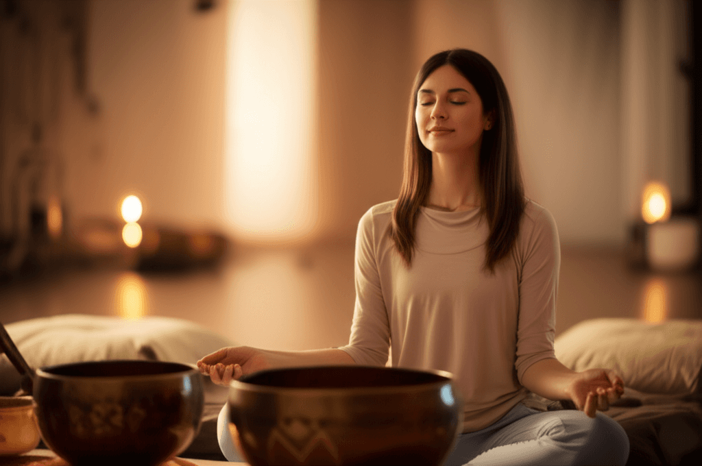 Eine Person entspannt sich liegend, umgeben von Klangschalen und sanftem Licht, bei einer Klangheilungssitzung bei Soul Art mit Larissa Steinbach – ein Weg zur Burnout-Erholung.