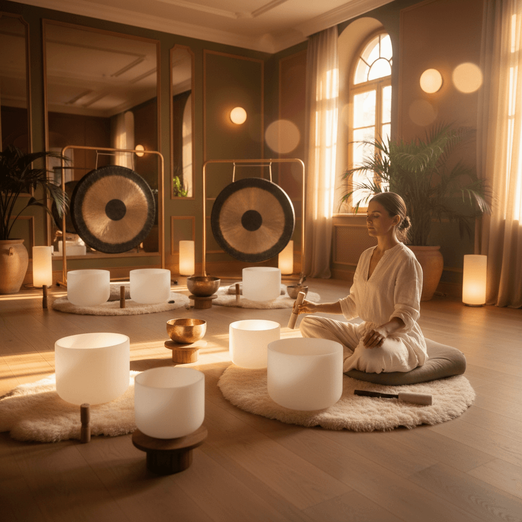 Larissa Steinbach leading a serene sound healing session at Soul Art Dubai, illustrating effective business planning for wellness practitioners amidst crystal singing bowls and calming ambiance.