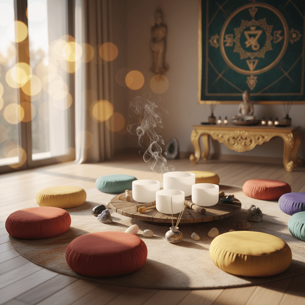 A person in deep meditation, bathed in soft, warm light, with subtle sound waves emanating. Soul Art Dubai logo and Larissa Steinbach branding are visible for SEO.