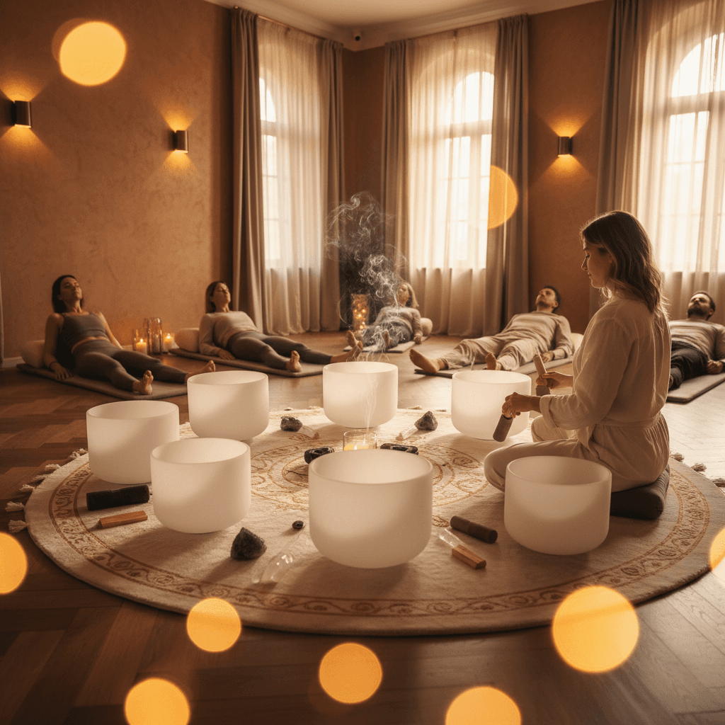 A tranquil scene featuring calming colors and subtle musical elements, symbolizing holistic heart wellness and recovery, representing Soul Art Dubai and Larissa Steinbach's approach to sound healing.