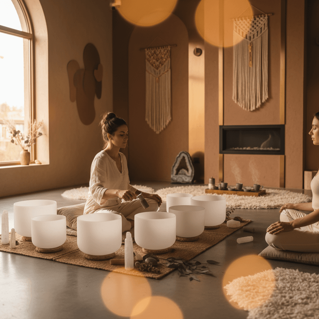 A calm woman meditating with sound bowls, representing the serene environment and profound relaxation offered by Soul Art and Larissa Steinbach for caregiver couples.