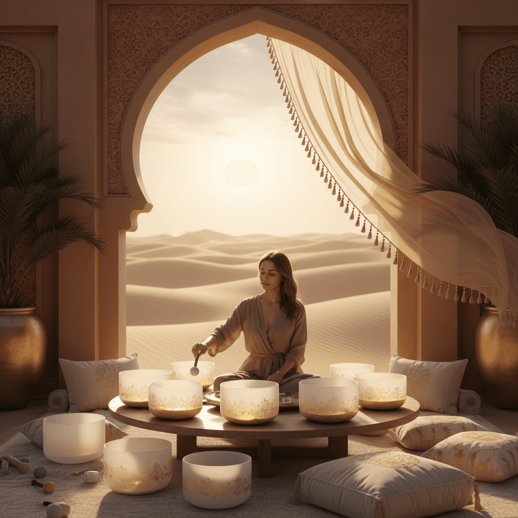 امرأة تعتني بوعاء كريستالي غنائي كبير، مع خلفية توحي ببيئة دبي الصحراوية. دليل سول آرت للعناية بالأوعية الكريستالية في دبي من لاريسا شتاينباخ.