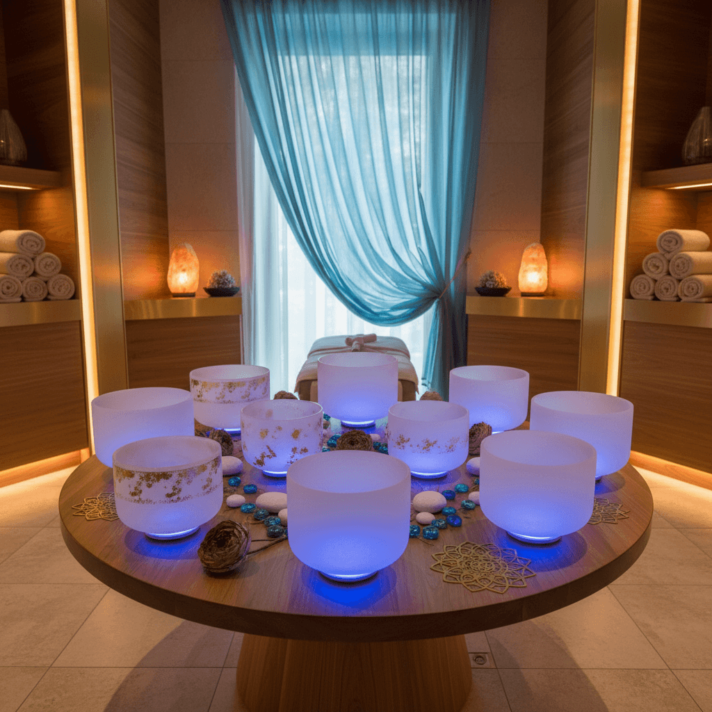 Eine harmonische Klangschalen-Sitzung, geleitet von Larissa Steinbach von Soul Art Dubai, symbolisiert Unterstützung für Menschen mit Zerebralparese und Bewegungsstörungen durch Klang-Wellness.
