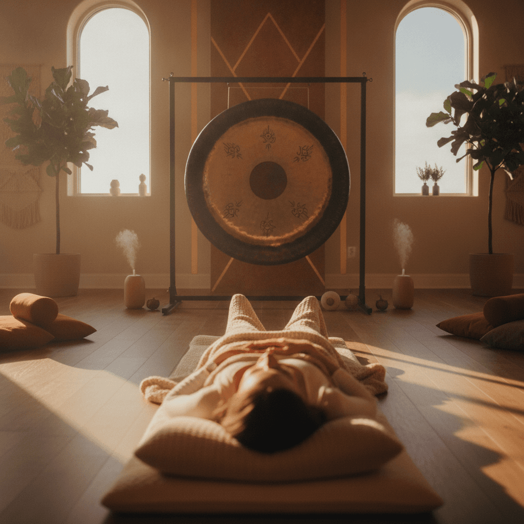 Eine Person genießt ein sitzendes Klangbad bei Soul Art Dubai, mit Klangschalen im Vordergrund, symbolisiert Larissa Steinbachs Engagement für zugängliches Wellness und luxuriöse Entspannung.