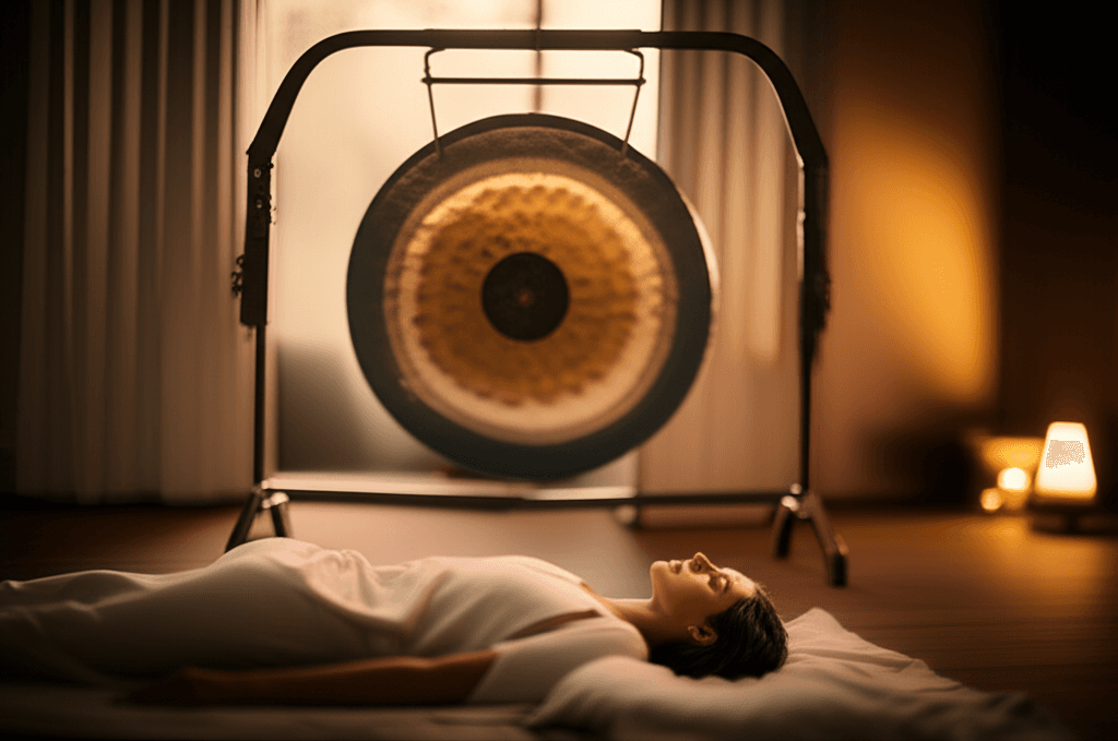 Eine ältere Frau entspannt sich in einem Sessel während eines Klangbades, umgeben von sanften Lichtern und Klangschalen. Soul Art und Larissa Steinbach ermöglichen zugängliches Klang-Wellness für verbesserte Mobilität und tiefgreifende Entspannung.