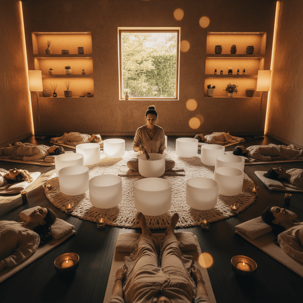 Ein Spitzenkoch konzentriert sich in einer geschäftigen Küche, mit dezenten Klangwellen im Hintergrund, die Ruhe andeuten. Branding: Soul Art und Larissa Steinbach fördern Klang-Wellness für Küchenprofis.