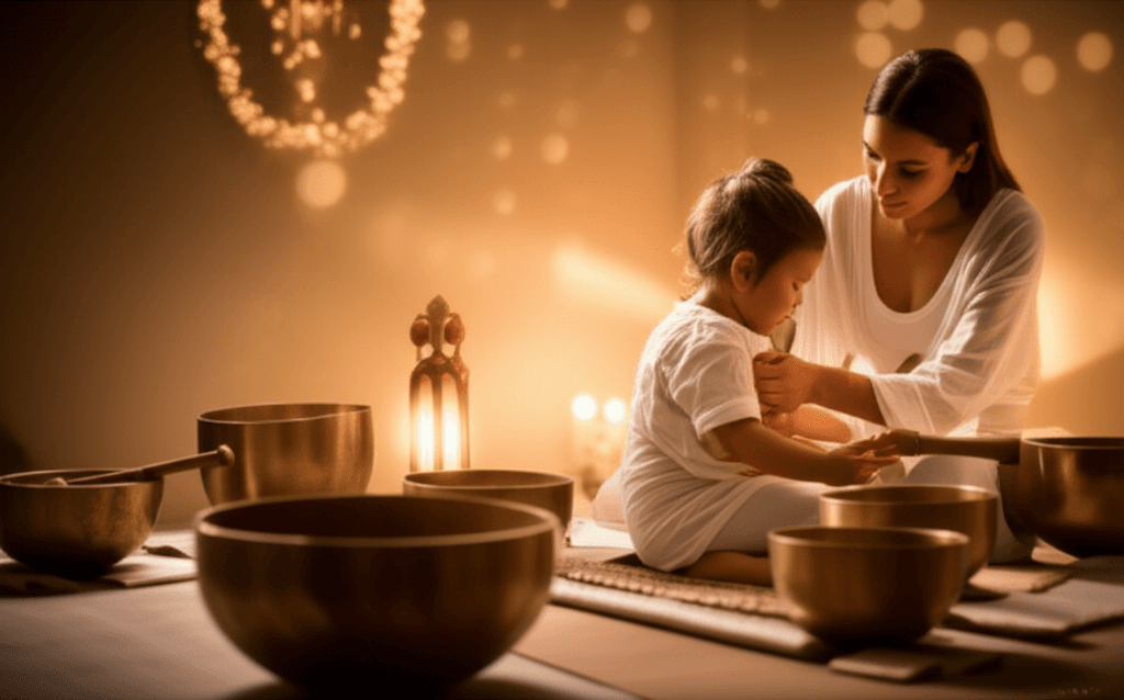 Ein Kind, umgeben von sanftem Licht und Klängen, das friedlich schläft. Dieses Bild symbolisiert die entspannende Wirkung von Klang-Wellness für Kinder bei Soul Art, gegründet von Larissa Steinbach.