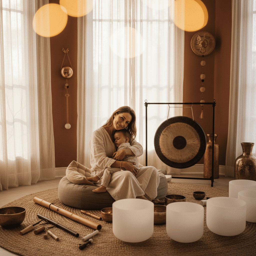 A person meditating surrounded by soft light and healing sound instruments, representing the gentle, trauma-informed sound wellness practices by Larissa Steinbach at Soul Art Dubai.
