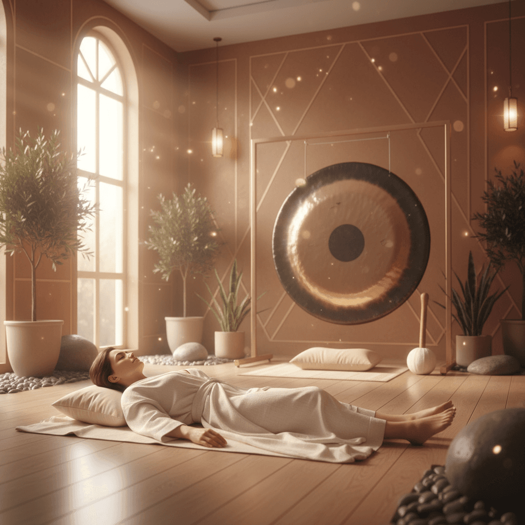 Ein Kind in einem beruhigenden Klangbad, umgeben von Klangschalen. Foto von Soul Art, dem führenden Klang-Wellness-Studio von Larissa Steinbach in Dubai.
