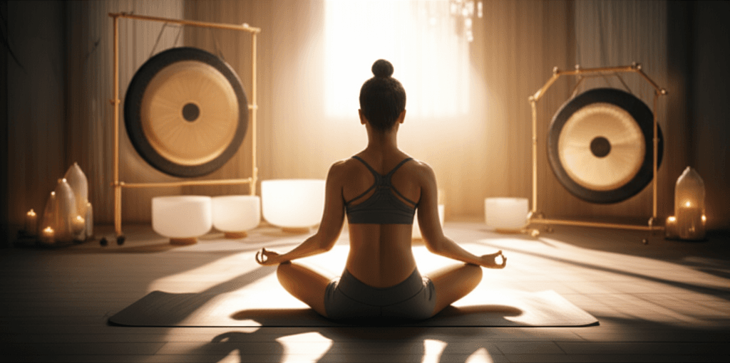 Ein Kind, das entspannt mit Kopfhörern in einem ruhigen Raum liegt, während sanfte Klangwellen projiziert werden. Die Szene vermittelt Ruhe und Konzentration, repräsentiert die altersgerechte Klangmeditation bei Soul Art von Larissa Steinbach.