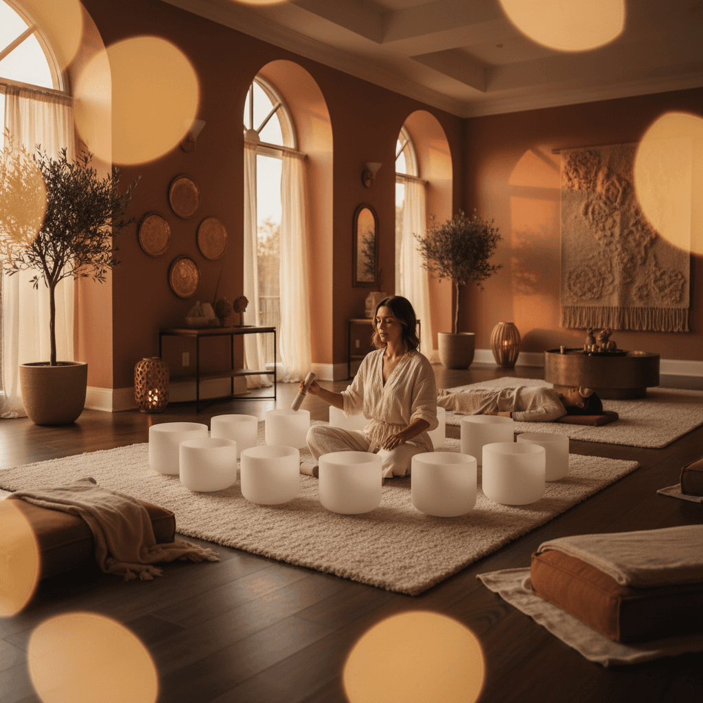 Eine stimmungsvolle Weihnachtsszene mit funkelnden Lichtern und einem geschmückten Baum, die Ruhe und Besinnlichkeit ausstrahlt. Diese visuellen Frequenzen harmonieren mit den Klang-Wellness-Angeboten von Soul Art und Larissa Steinbach.