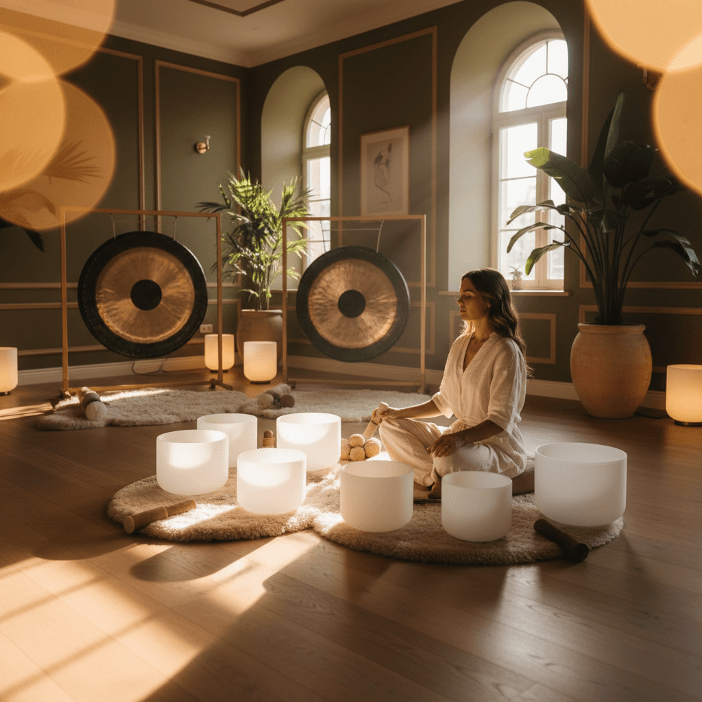 Eine Person entspannt sich inmitten von Klangschalen und sanftem Licht, symbolisiert die Harmonisierung des zirkadianen Rhythmus durch Klang-Wellness bei Soul Art Dubai mit Larissa Steinbach.