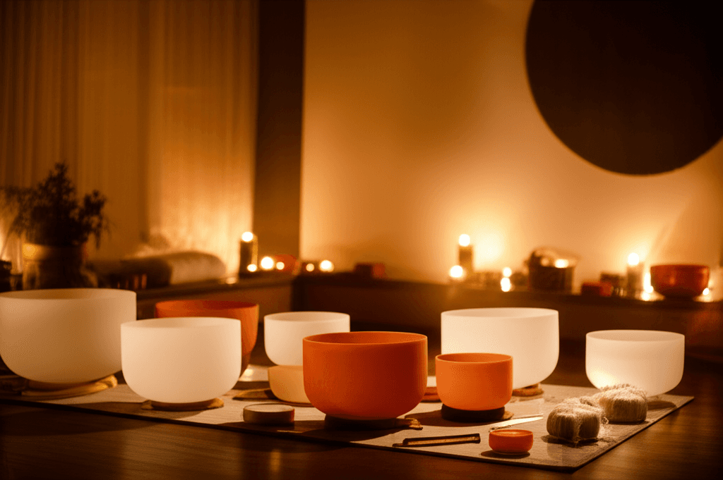 Larissa Steinbach von Soul Art leitet eine Klangmeditation zur Harmonisierung des zirkadianen Rhythmus, um das Wohlbefinden mit Morgen- und Abend-Klanglandschaften zu verbessern. Eine Frau sitzt entspannt, umgeben von Klangschalen.