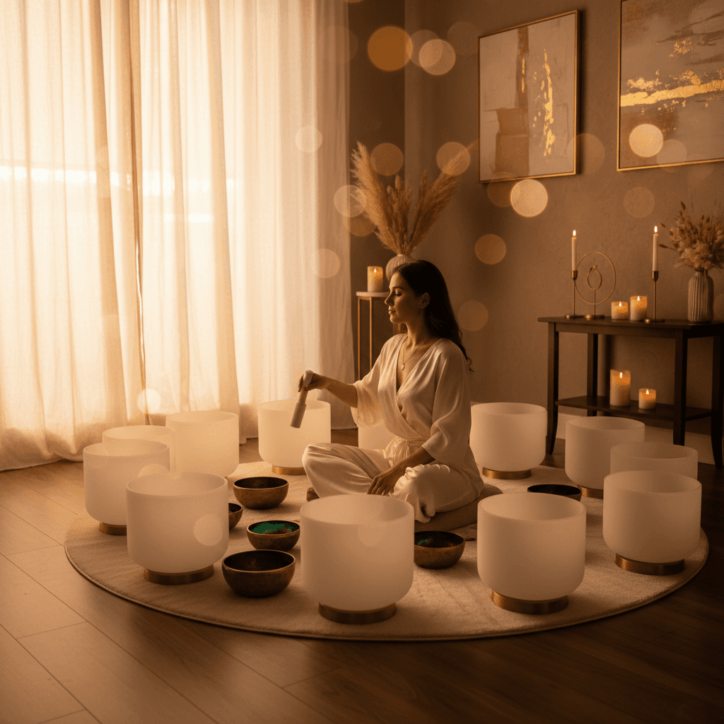 Larissa Steinbach and Soul Art Dubai's approach to balancing city noise with nature sounds for profound wellness and relaxation, depicting a serene person in a calm, nature-inspired setting.