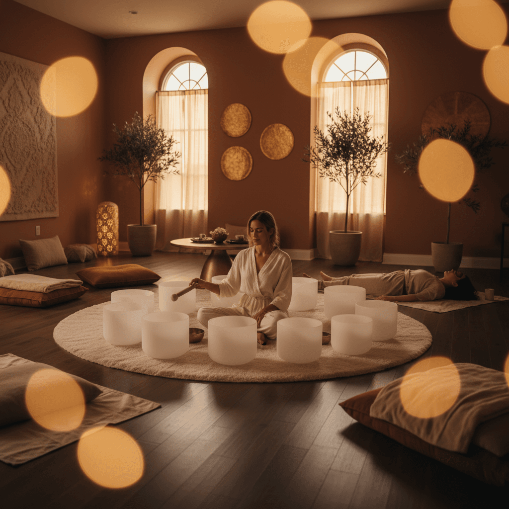 A serene image of a person meditating with a singing bowl, symbolizing the tranquility offered by Soul Art Dubai and founder Larissa Steinbach for spiritual leaders through sound wellness practices.