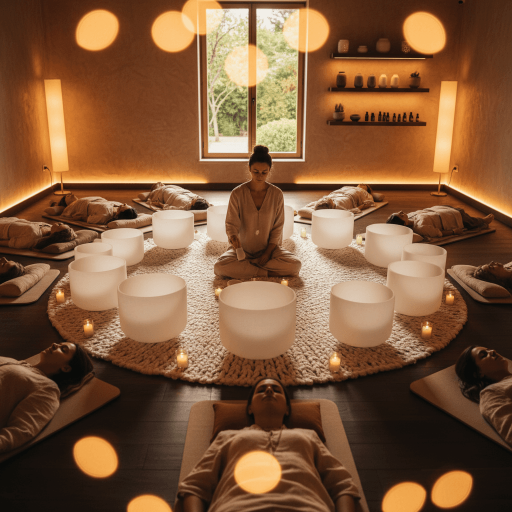 A serene, calming sensory wellness space at Soul Art, designed by Larissa Steinbach, emphasizing personal control and comfort with soft lighting and natural elements, promoting deep relaxation and well-being.