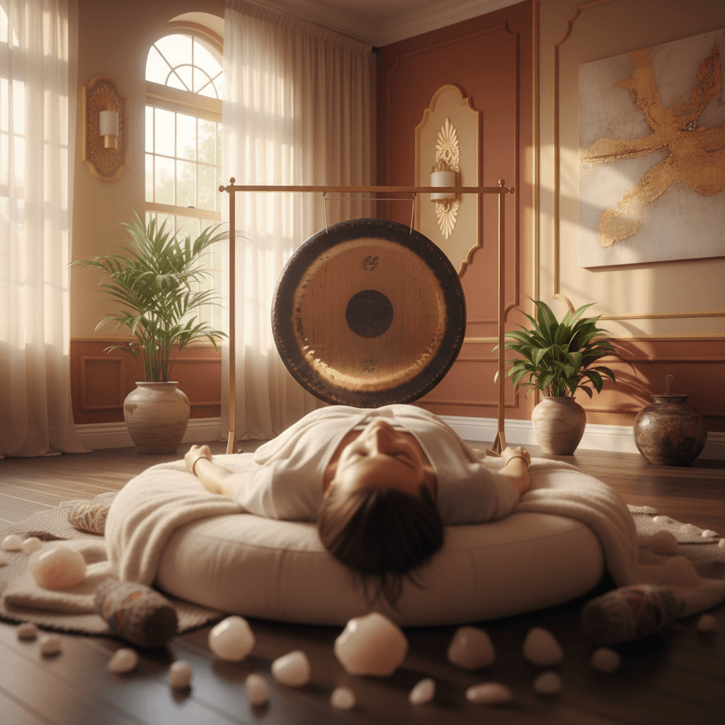 Soul Art Dubai's serene sound wellness studio, featuring crystal singing bowls and calming ambiance, highlighting Larissa Steinbach's commitment to safety through detailed client intake forms.