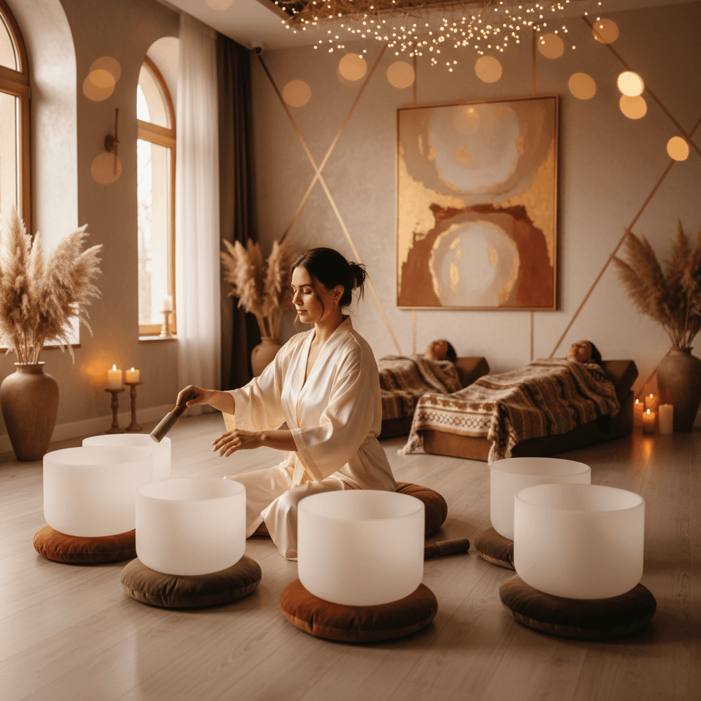 A tranquil sound healing session in progress at Soul Art Dubai, featuring crystal singing bowls, with client waivers and informed consent documents thoughtfully placed, reflecting Larissa Steinbach's commitment to safety and transparency.